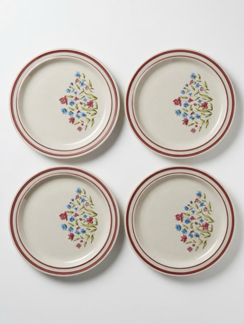 Newcor Goodearth Stoneware Floral Dessert Plates Set 4 Red Trim 7.5” Vintage